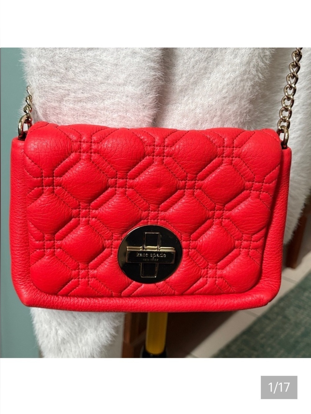 Kate Spade  Crossbody Bag  quilted leather  Red  turn lock  chain strap detail